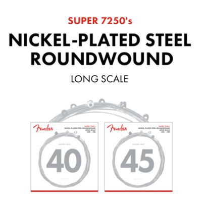 Fender 7250 Bass Strings, Nickel Plated Steel, Long Scale, 7250ML .045-.100 Gauges, (4)