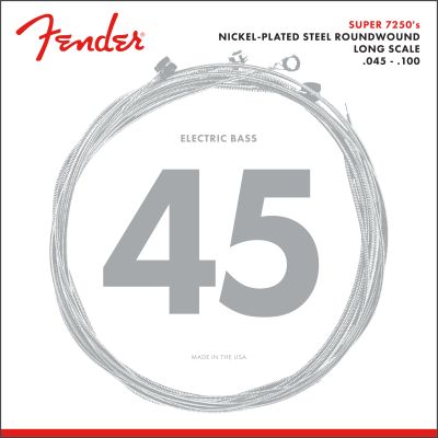 Fender 7250 Bass Strings, Nickel Plated Steel, Long Scale, 7250ML .045-.100 Gauges, (4) 2