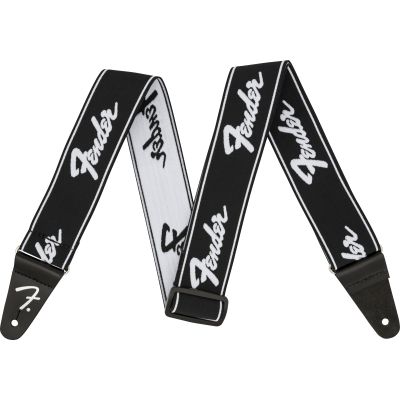 Fender WeighLess™ 2" Running Logo Strap, Black/White