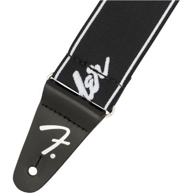 Fender WeighLess™ 2" Running Logo Strap, Black/White 2