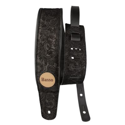 CORREA BASSO PARA GUITARRA Y BAJO SERIE CUERO NEGRA FLOREADA