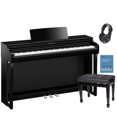 Piano digital Yamaha Clavinova Clp-825 con banqueta regulable en altura, auricular y libro de canciones.