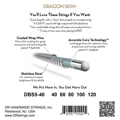 DR DBS5-40 Dragon Skin+ Cuerdas Bajo 5 Cuerdas Acero Inox Coating