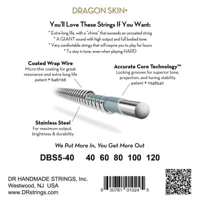 DR DBS5-40 Dragon Skin+ Cuerdas Bajo 5 Cuerdas Acero Inox Coating