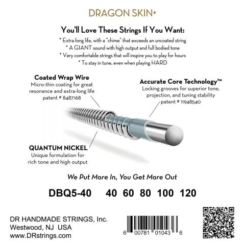 DR DBQ5-40 Dragon Skin+ Light Cuerdas Bajo 5 Cuerdas Quantum Nickel Coated