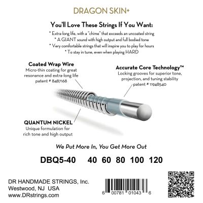 DR DBQ5-40 Dragon Skin+ Light Cuerdas Bajo 5 Cuerdas Quantum Nickel Coated